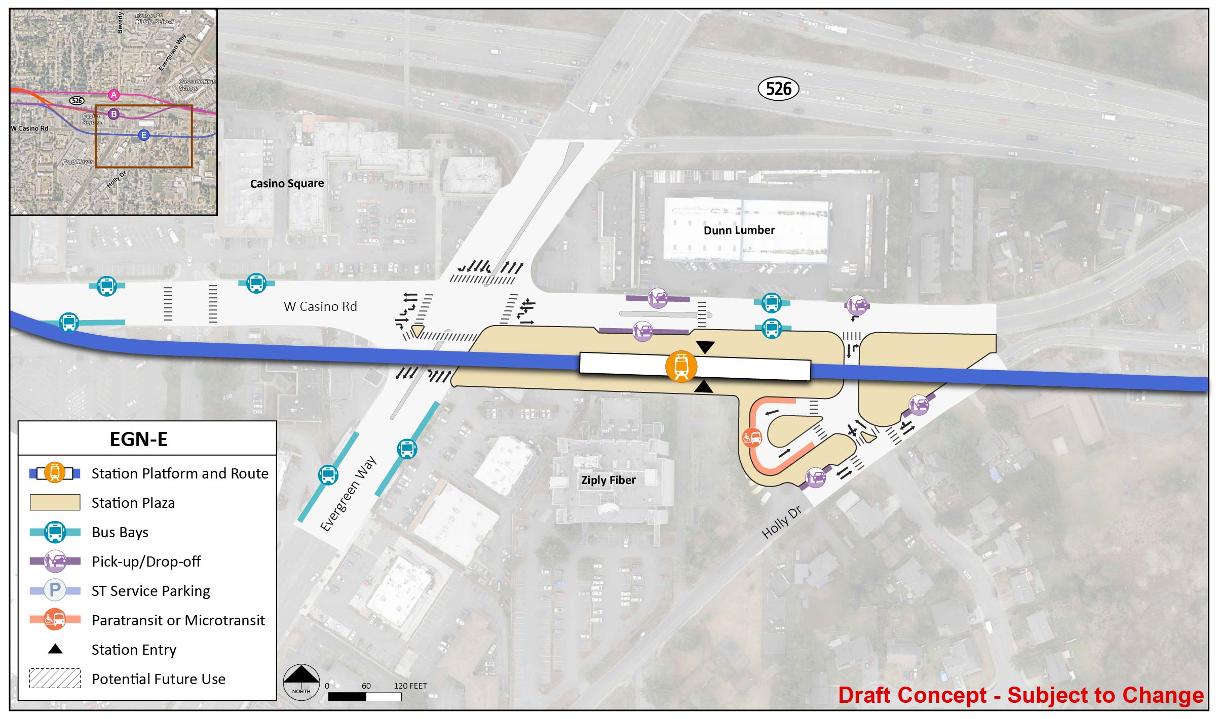 The station platform and route are in the middle of the station area for station alternative EGN-E. The station entry point is the middle of the platform. The station area and plaza extend to Evergreen Way, Holly Drive, and West Casino Road. There is a lane east of the station platform and route with entry and exit points on Holly Drive and West Casino Road. This lane has one paratransit/micro transit spot. There are two pick up/drop off spots on Holly Drive. There are five bus bays and three pick up/drop off locations on West Casino Road. There are two bus bays on Evergreen Way.