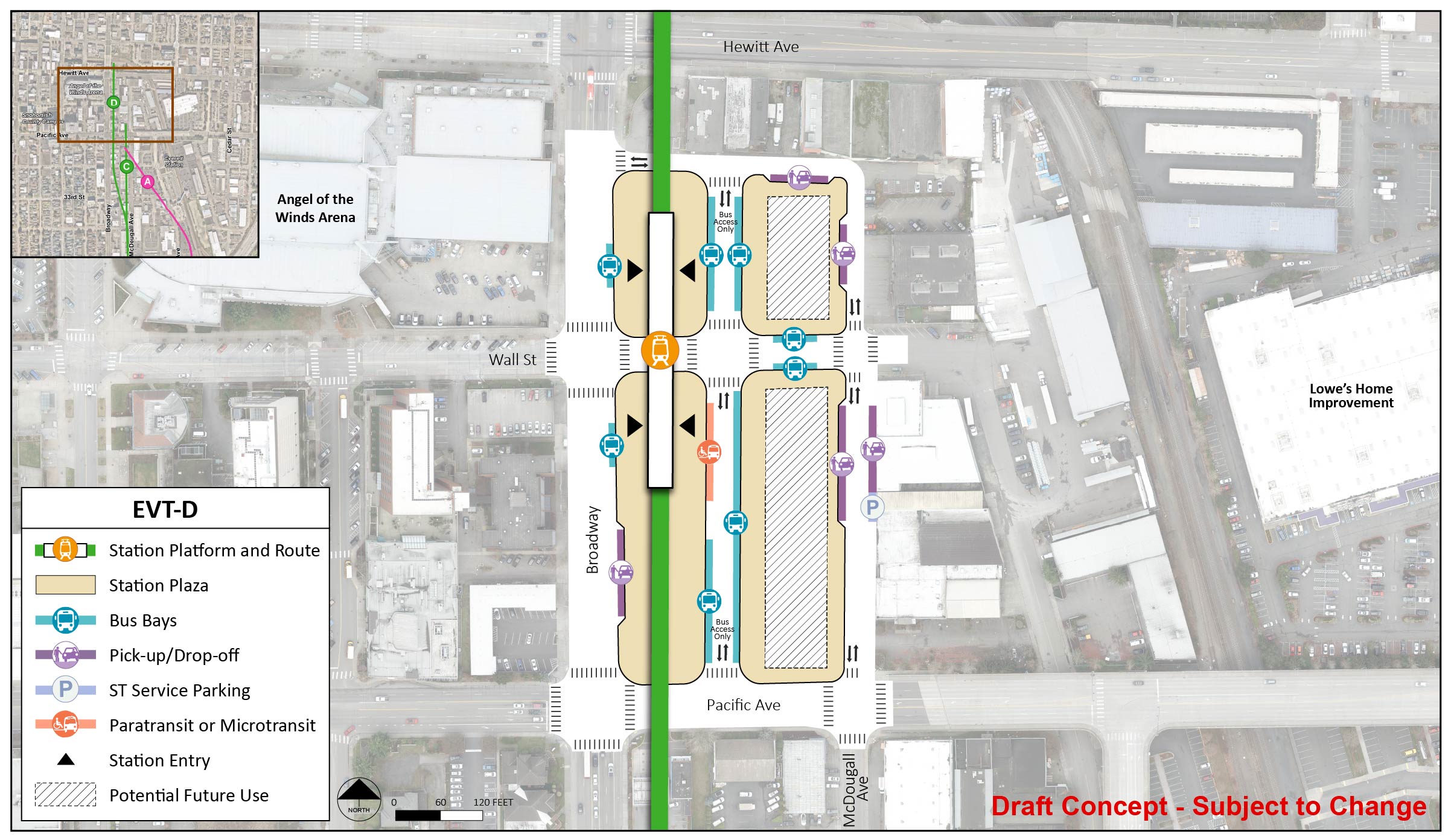 The station platform and route are located on the west side of the station area for station alternative EVT-D. There are two station entry points at the north and south ends of the station. The station area and plaza extend from just north of Wall Street to Pacific Avenue and from Broadway to McDougall Avenue. There is a lane in the middle of the station area with entry and exit points on Pacific Avenue and 33rd Street. This lane has four bus bays and one paratransit/micro transit spot. Traffic on Wall Street is maintained with two bus bays. There are three pick up/drop off spots and one ST Service Parking spot on McDougall Avenue. There is one pick up/drop off spot at the north side of the station. There are two bus bays and one pick up/drop off spot on Broadway. There are two potential future locations on the east side of the station area and plaza.