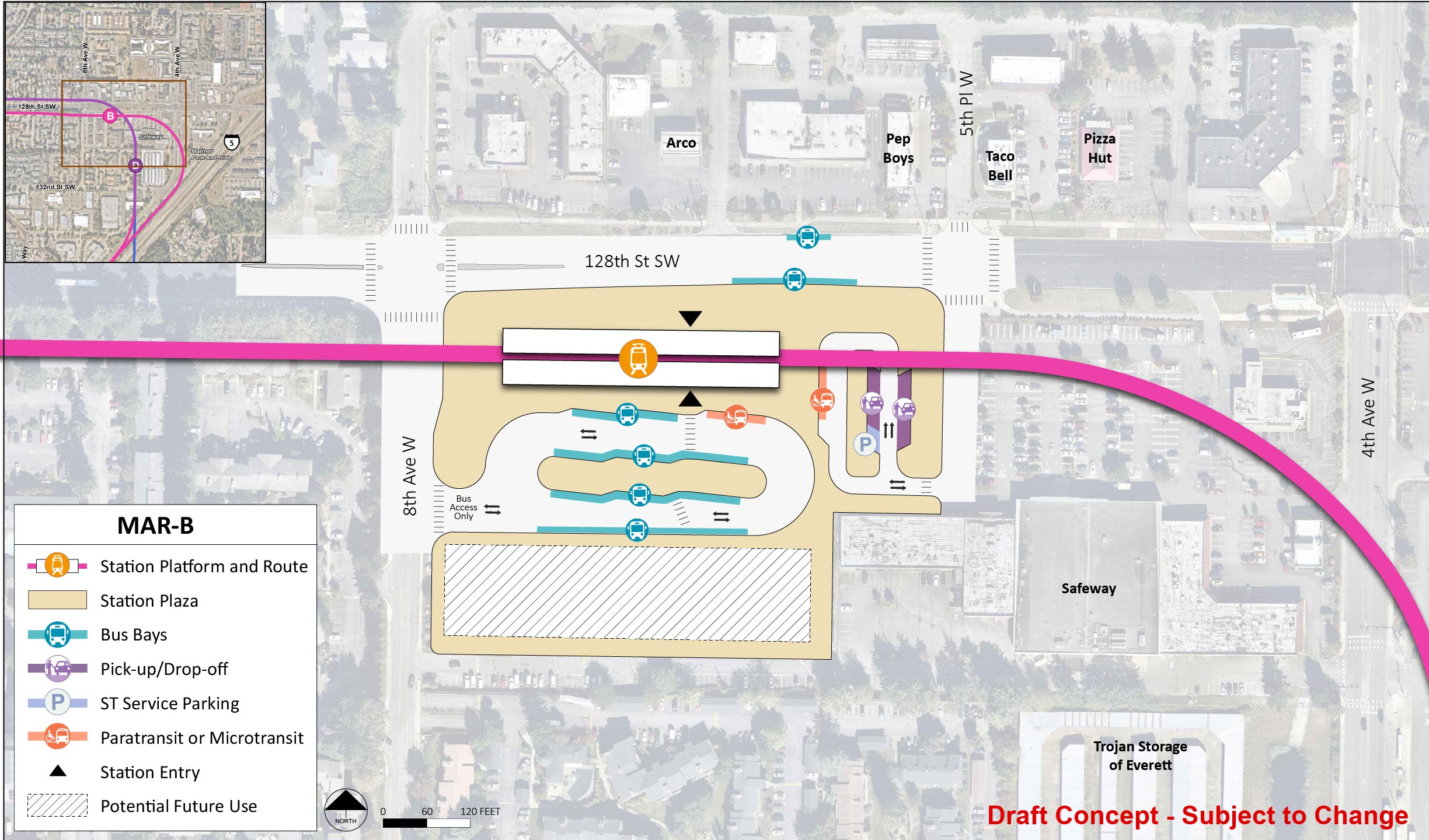 The station platform and route in the middle of the station area for station alternative MAR-B. The station entry point is between the central and east end of the platform. The station area and plaza extends to 8th Avenue West, the Safeway, and 128th Street Southwest. On 128th Street Southwest there are two bus bays. There is a lane south of the station platform and route with entry and exit points west on 8th Avenue West. There is future potential use to the south of this lane. There is another lane to the east of the station area with two pick up/drop off spots and one paratransit/micro transit spot. 