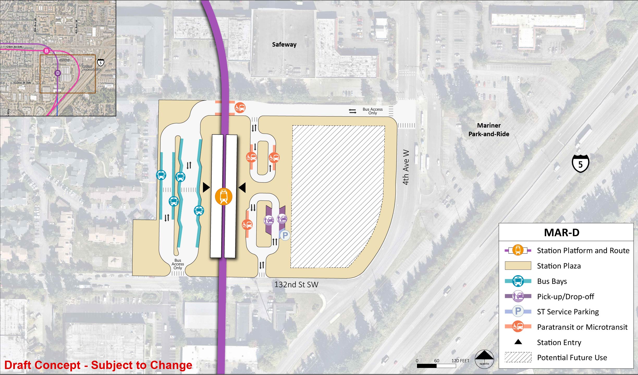 The station platform and route are in the middle of the station area for station alternative MAR-D. The station entry point is in the middle of the platform. The station area and plaza extends to 132nd Street Southwest, the Safeway, and 4th Avenue West. There is a lane west of the station platform and route with entry and exit points at both the north and south end of the station. This lane has four bus bays. There are two lanes to the east of the station area. One lane has an entry and exit point north and has two paratransit/micro transit spots. The other lane has an entry and exit point south and has one paratransit/micro transit spot, two pick up/drop off spots, and one ST Service Parking spot. To the east of these lanes is potential future use.