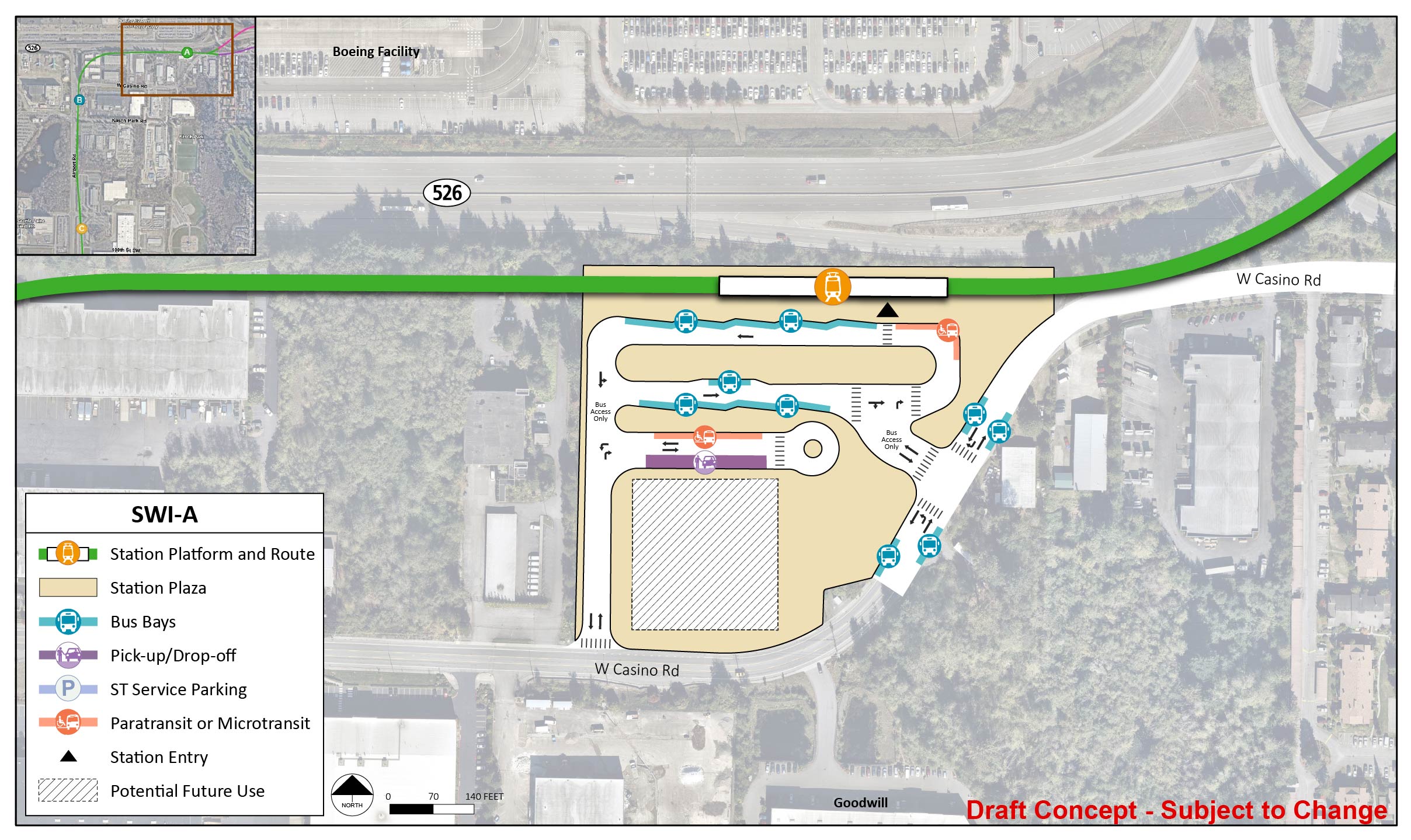  The station platform and route are located on the north end of the station area for station alternative SWI-A. The station entry point is between the middle and east end of the platform. The station area and plaza follow where West Casino Road curves. There is a lane with entry and exit points on the west and east end of the station area, both connect to West Casino Road. This lane has five bus bays and one paratransit/micro transit spot. There is another lane with an entrance and exit on the west side of the station that connects to West Casino Road. This lane has one paratransit/micro transit spot and one pick up/drop off spot. To the south of this lane, there is potential future use. On the east side of the station where the station area meets West Casino Road, there are four bus bays.