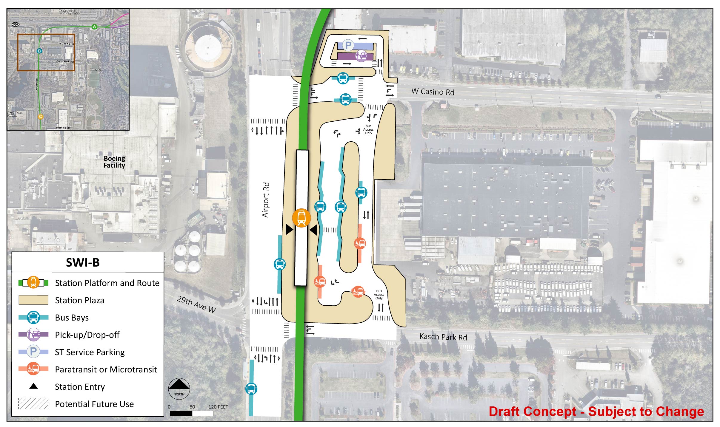 The station platform and route are located on the west side of the station area for station alternative SWI-B. The station entry point is in the middle of the platform. The station area and plaza extend to Airport Road, Kasch Park Road, and West Casino Road. There is a lane with entry and exit points north on West Casino Road and south on Kasch Park Road. This lane has three bus bays and three paratransit/micro transit spots. There is another lane with an entrance and exit on West Casino Road. This lane has one ST Service Parking and one pick up/drop off spot. There are two bus bays on West Casino Road and two bus bays on Airport Road.