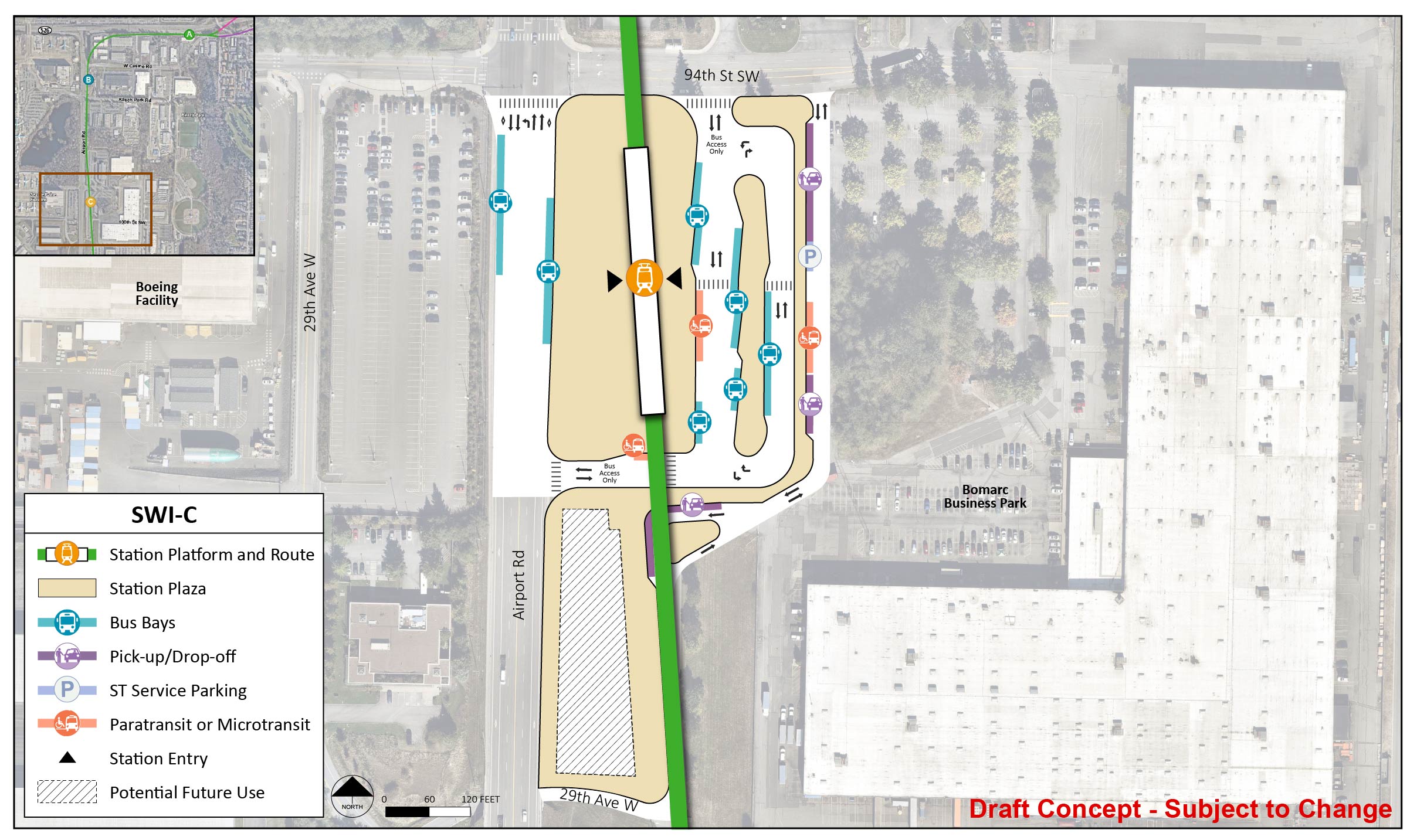 The station platform and route are located on the west end of the station area for the station alternative SWI-C. The station entry point is between the middle of the platform. The station area and plaza extend to 34th Street Southwest, Airport Road, and 29th Avenue West. There is a lane east of the station platform and route with entry and exit points on 34th Street Southwest and 29th Avenue West. This lane has five bus bays and two paratransit/micro transit spots. There are two bus bays on Airport Road. On 29th Avenue West, there are two pick up/drop off spots, one paratransit/micro transit spot, and one ST Service Parking spot. There is a small lane that quickly veers off and back onto 29th Avenue West that has one pick up/drop off spot. There is potential future use in the southwest corner of the station area and plaza.