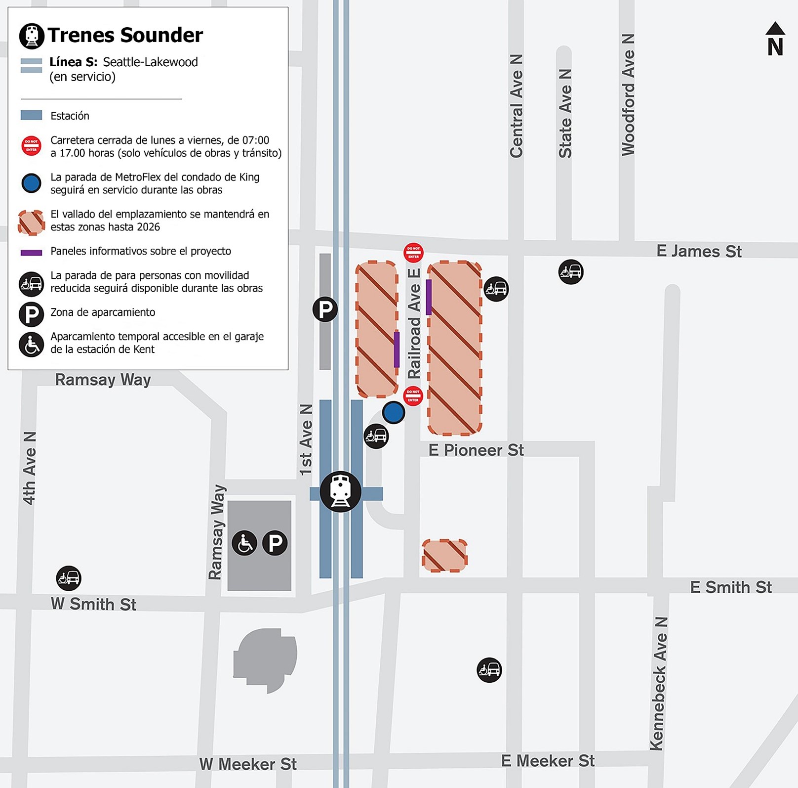 Mapa de la estación de Kent, que muestra los impactos de la construcción. Railroad Avenue, entre East James Street y East Pioneer Street se cerrará al tráfico de vehículos privados de 07:00 a 17:00, de lunes a viernes. El aparcamiento temporal accesible estará en el Garaje Kent existente y las paradas de destinadas a personas con movilidad reducida seguirán disponibles durante las obras.