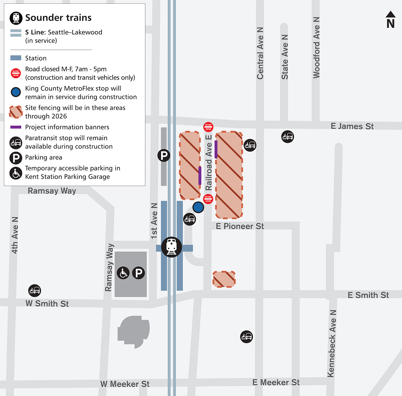 Map of Kent Station, showing construction impacts. Railroad Avenue, between East James Street and East Pioneer Street will be closed to private vehicle traffic from 7 am - 5 pm, Monday - Friday. Temporary accessible parking will be in the existing Kent Garage and paratransit stops will remain available during construction.