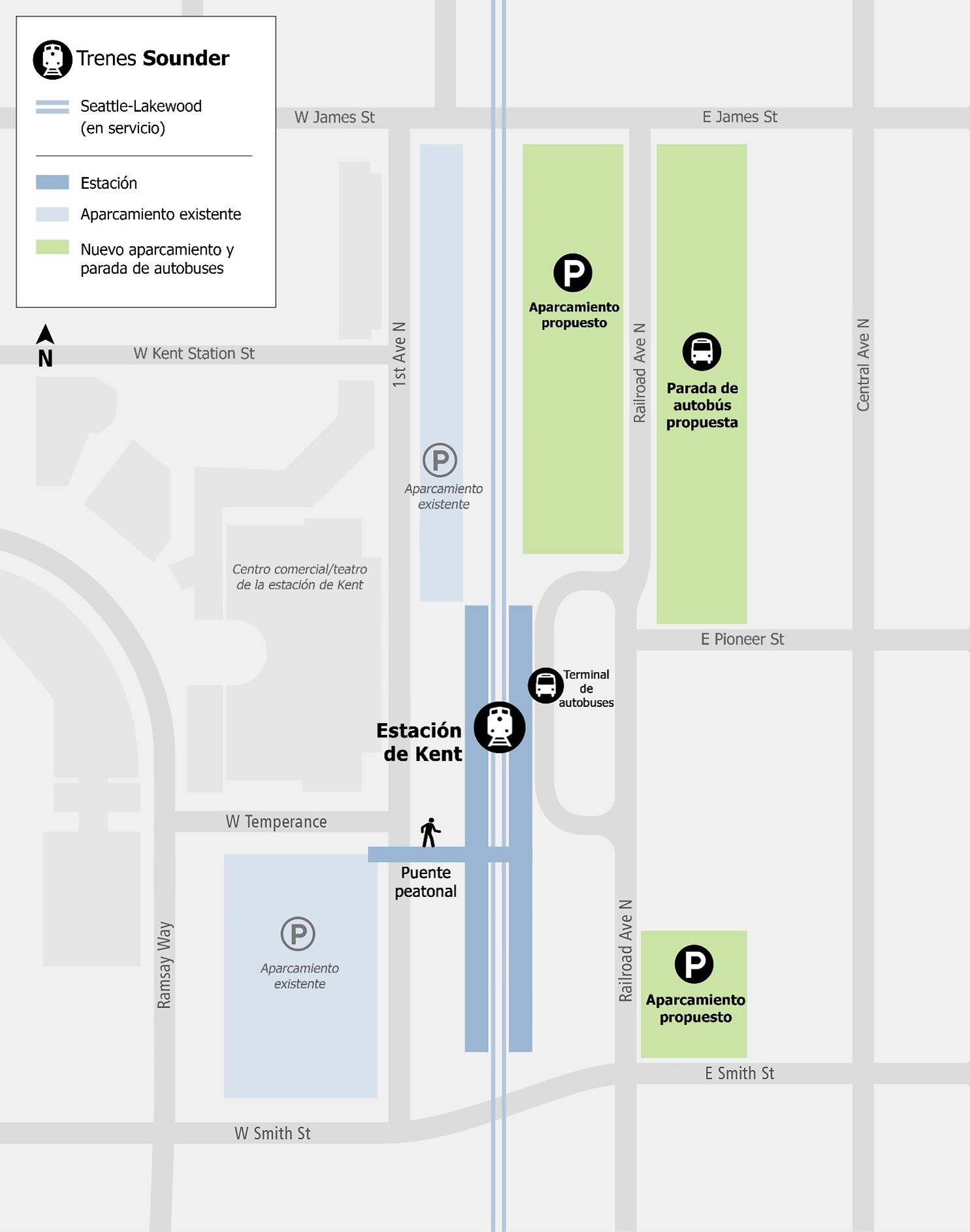 Mapa de la estación de Kent, con las vías del tren en el centro de la imagen, el aparcamiento existente al sureste de la estación y el garaje previsto al noroeste de la estación.