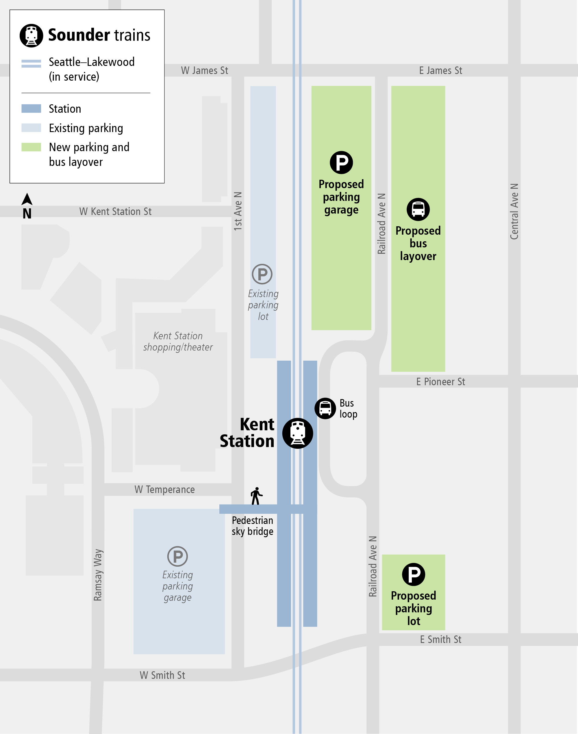 Map of Kent Station, including the train tracks through the middle of the image, the existing parking garage which is southeast of the station, and the planned garage location which is northwest of the station.