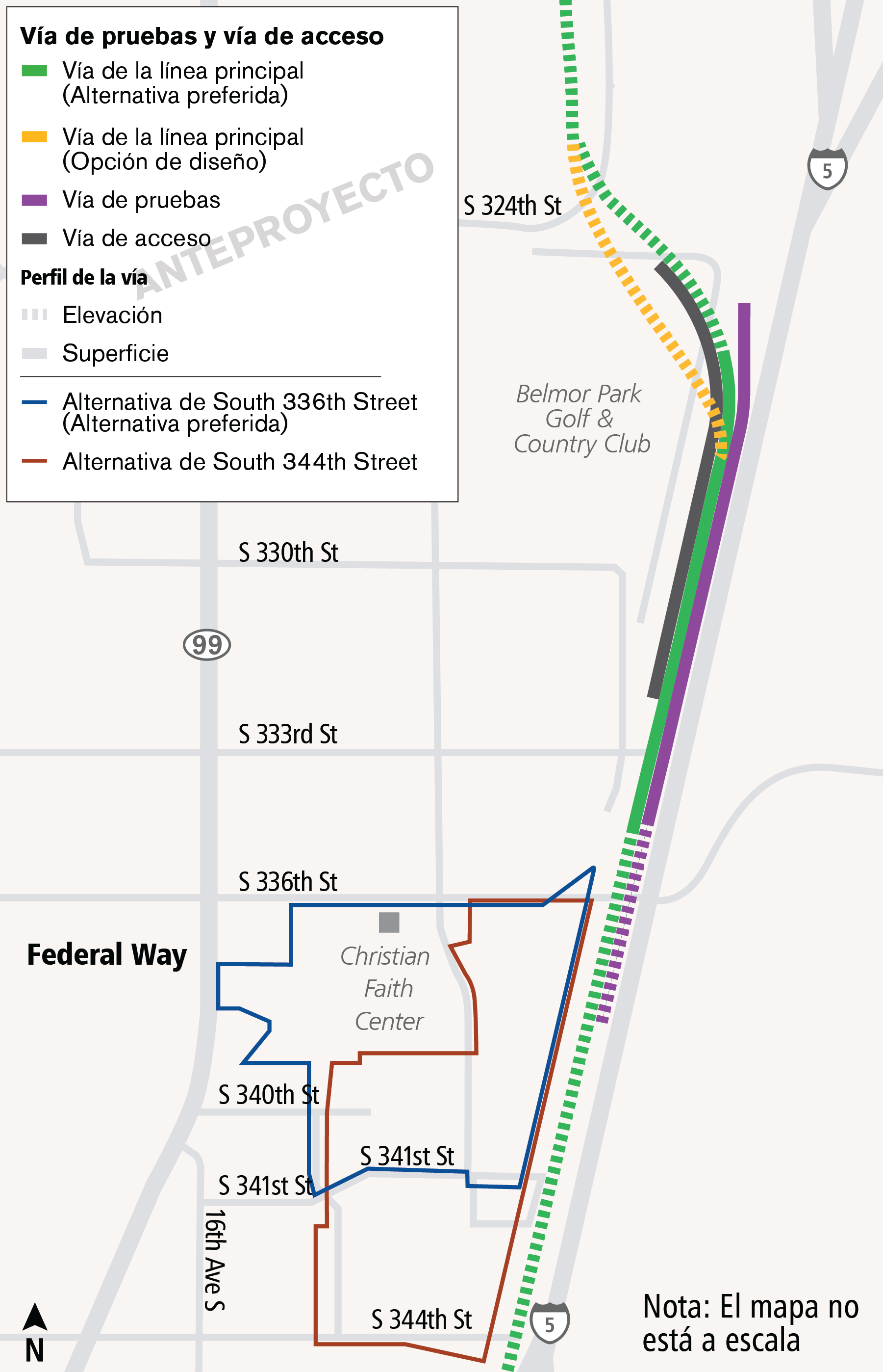 Un mapa de la vía de pruebas y vías de acceso asociadas con la alternativa preferida y la alternativa de South 344th Street en Federal Way.