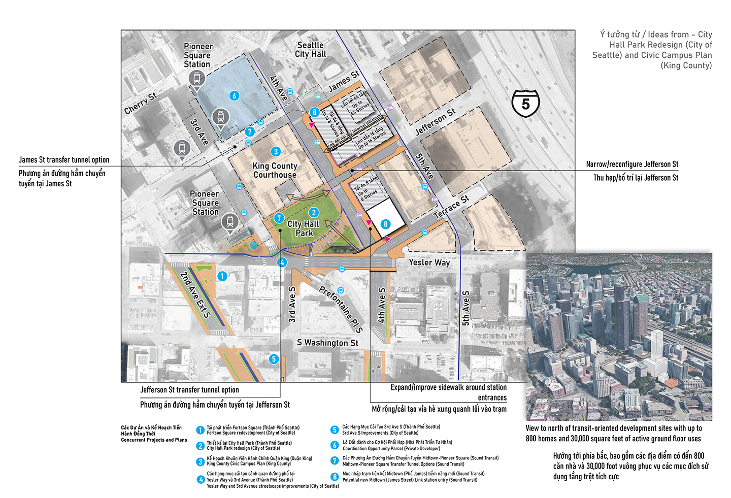 Bản đồ thể hiện hạng mục cải tạo riêng lẻ cho Phương Án 1 cho Trạm Midtown tại James Street và Công Viên City Hall. Bản đồ thể hiện khu vực trọng điểm với văn bản mô tả từng hạng mục cải tạo và các mũi tên để thể hiện vị trí thực hiện mỗi hạng mục cải tạo. Phương Án 1 sẽ tạo một đường hầm chuyển tuyến bên dưới James Street, sẽ tạo một phương án đường hầm bên dưới Jefferson Street, sẽ mở rộng và cải tạo vỉa hè xung quanh các lối vào trạm hiện có trong khu vực trọng điểm, đồng thời sẽ thu hẹp và bố trí lại Jefferson Street để phù hợp với lưu lượng phương tiện.