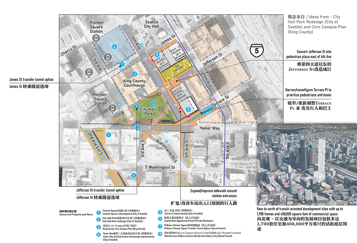 展示了位于James Street和City Hall Park的Midtown车站方案2的地图。地图展示了重点区域，其中包含讨论每项改进的文本，以及显示每项改进的位置的箭头。方案2在方案1各项变化的基础上，还会收窄和重新配置Terrace Place，提升行人和公交车的优先级，并且将Jefferson Street转变为4th Avenue以东的步行广场。