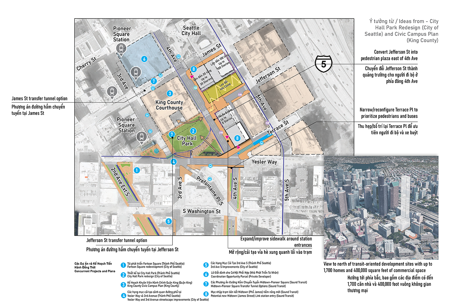 Bản đồ thể hiện hạng mục cải tạo riêng lẻ cho Phương Án 2 cho Trạm Midtown tại James Street và Công Viên City Hall. Bản đồ thể hiện khu vực trọng điểm với văn bản mô tả từng hạng mục cải tạo và các mũi tên để thể hiện vị trí thực hiện mỗi hạng mục cải tạo. Phương Án 2 sẽ áp dụng các hạng mục cải tạo tương tự như Phương Án 1, bổ sung việc thu hẹp và bố trí lại Terrace Place để ưu tiên người đi bộ và xe buýt, đồng thời sẽ chuyển đổi Jefferson Street thành quảng trường dành cho người đi bộ ở phía đông 4th Avenue.