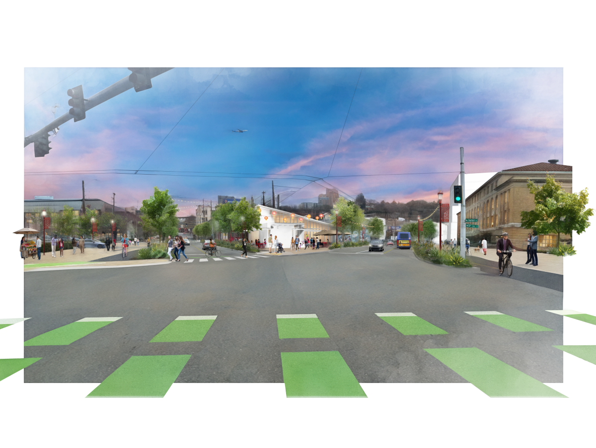 Drawing showing bicyclists and a scooterist crossing the intersection at 4th Ave S and Seattle Blvd S. The view is looking towards S Dearborn St, which has new development, green space, and additional crossings.