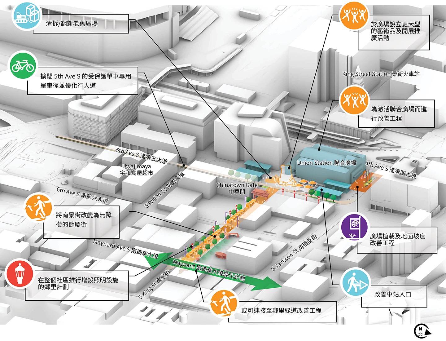西雅圖聯合車站周邊中央核心區域改善提案的 3D 地圖,重點展示新的公共藝術空間、升級後的廣場、專用自行車道、無路緣節慶街道改造、照明設施升級、綠道連接以及車站入口改造。