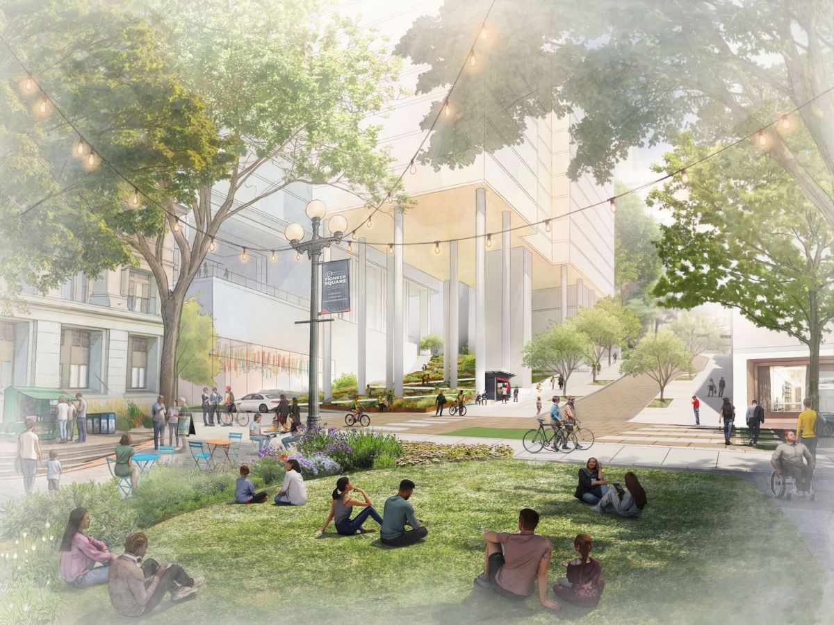 Drawing showing an improved City Hall park, with a new pedestrian hill climb along Jefferson St. People are shown sitting in the grass and walking bikes through a courtyard.