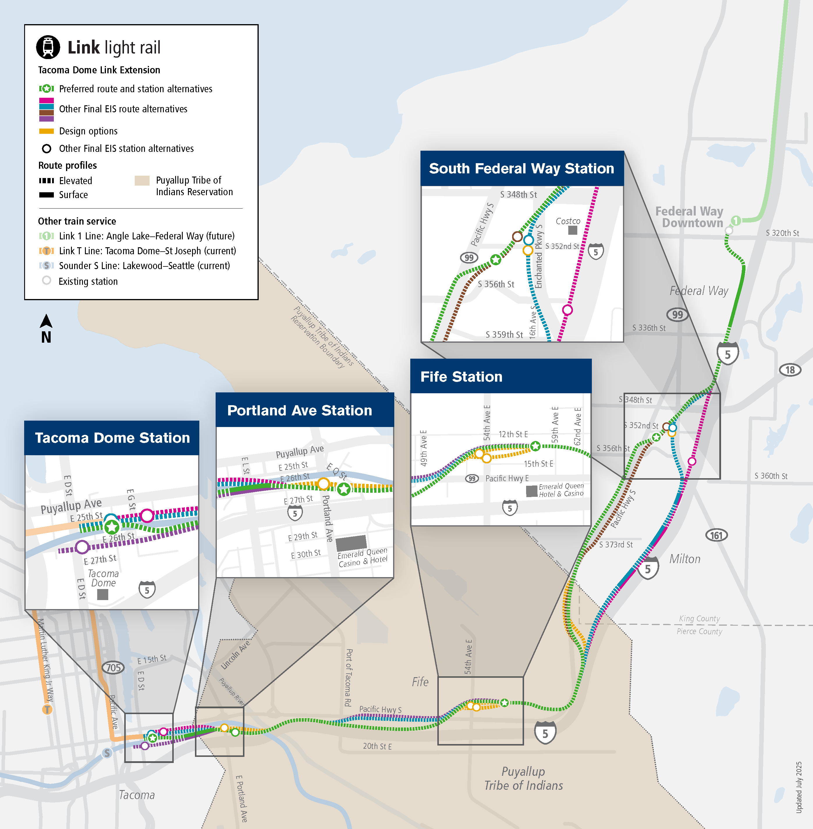 Map showing the Tacoma Dome Link Extension project. The project route travels from the future Federal Way Downtown station to downtown Tacoma near the Tacoma Dome and T-Line. The map outlines several route alternatives in the 3 main project segments: South Federal Way, Fife, and Tacoma. The map uses 4 zoomed-in boxes to show possible station locations in the station areas: South Federal Way, Fife, Portland Avenue, and Tacoma Dome.