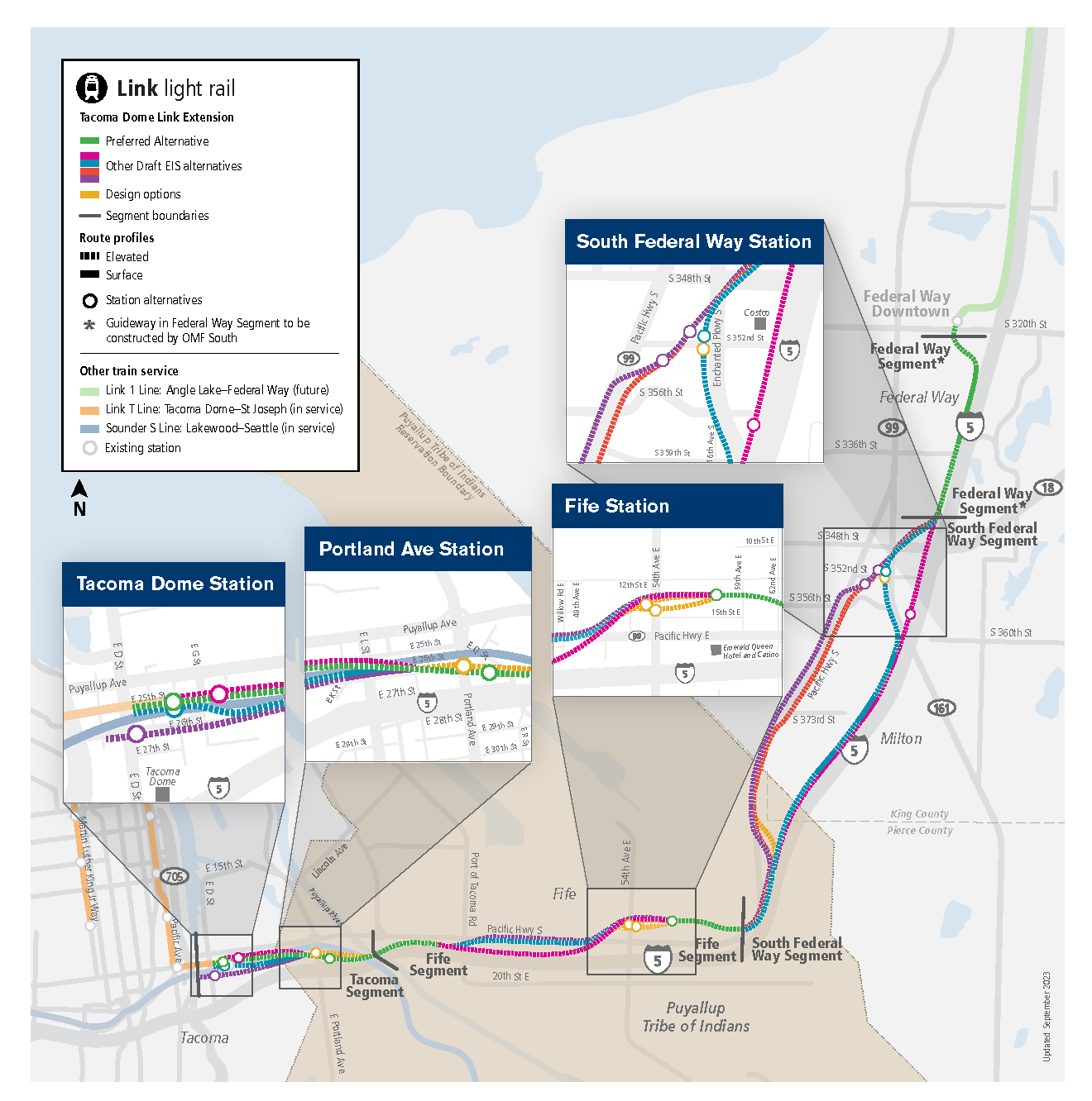 Map showing the Tacoma Dome Link Extension project. Additional details in long description below