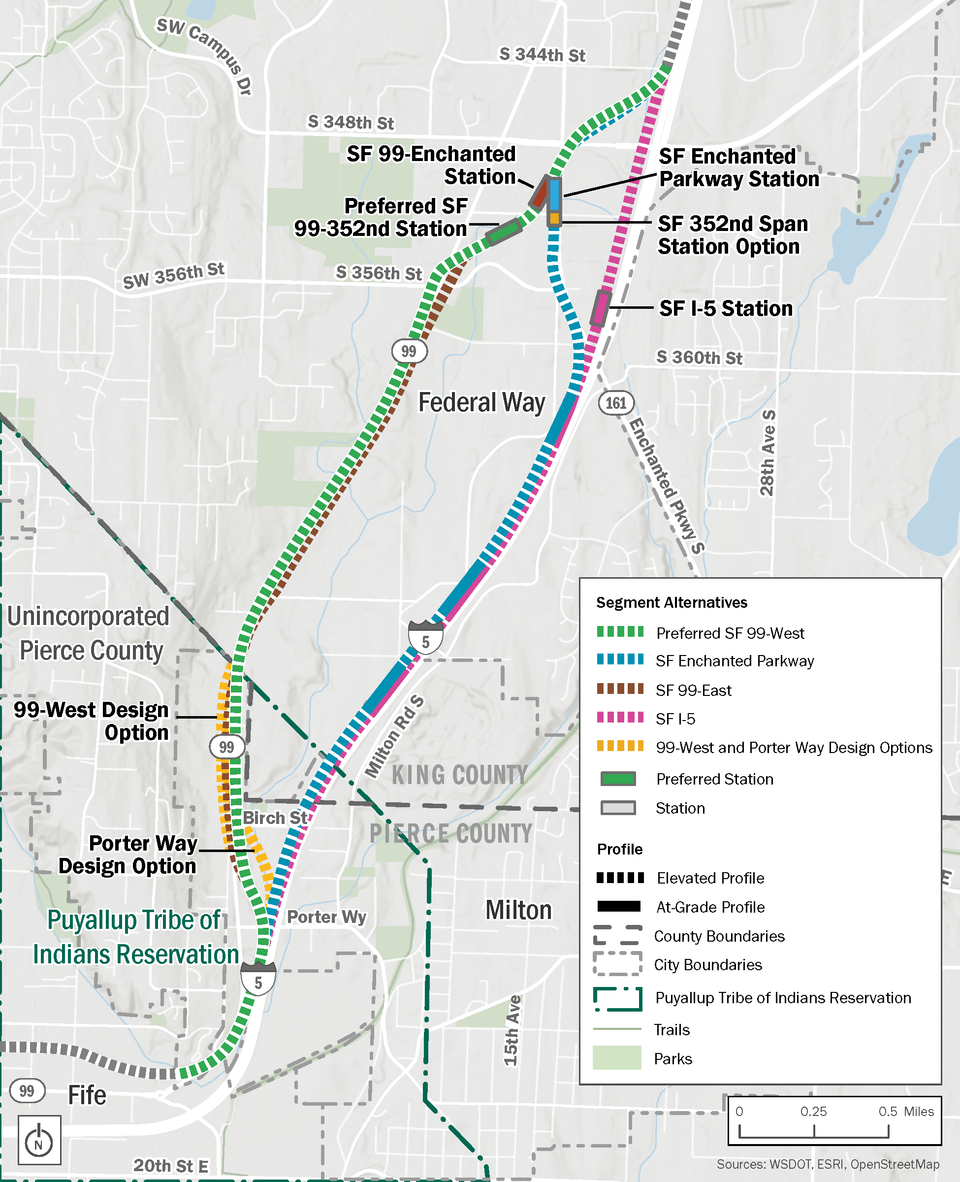 Map outlining the South Federal Way segment route and station alternatives from approximately South 344th Street to South 320th Street, mostly along State Route 99 or Interstate 5. The map shows the Preferred SF 99-West alternative and Preferred SF 99-352nd Station. There are three other route alternatives, two design options, three other possible station locations, and one station option.