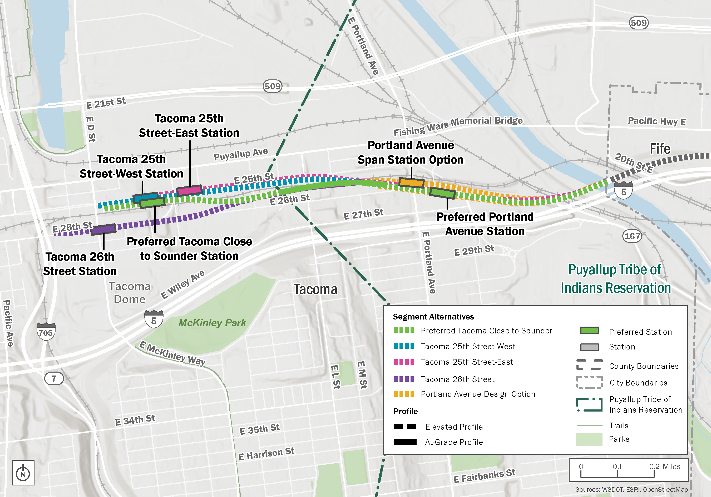 Overview map of the alternatives and stations studied in the Tacoma Segment which extends from the start of the Puyallup River along Interstate 5 and ends near East D Street on either East 25th or 26th Street. The map shows the Preferred Tacoma Close to Sounder alternative and station and Preferred Portland Avenue Station. In the Portland Avenue station area, there is one other design option and station option shown. In the Tacoma Dome station area, there are three other alternatives and station locations shown.