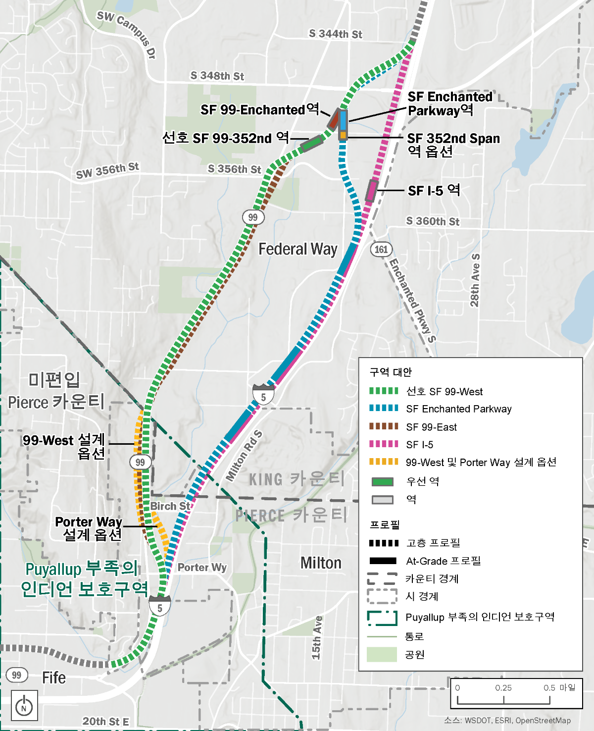 대부분 State Route 99 또는 Interstate 5를 따라 South 344th Street부터 South 320th Street까지 이어지는 South Federal Way 구역 경로 및 역 대안 지도. 이 지도는 우선 SF 99-West 대안과 우선 SF 99-352nd 역을 보여줍니다. 기타 노선 대안 3개, 설계 옵션 2개, 그 외 역 후보지 3곳, 역 옵션 1개가 있습니다.