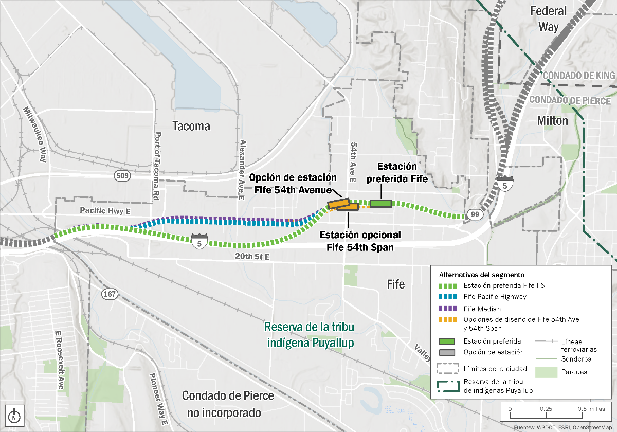 Mapa general de las alternativas y estaciones estudiadas en el segmento Fife desde aproximadamente la conexión Wapato Way East hasta Pacific Highway East y el cruce de 20th Street East debajo de la Interstate 5. El mapa muestra la alternativa preferida de Fife I-5 y la estación preferida de Fife. Se muestran otras dos alternativas de ruta y dos opciones de diseño de estación.
