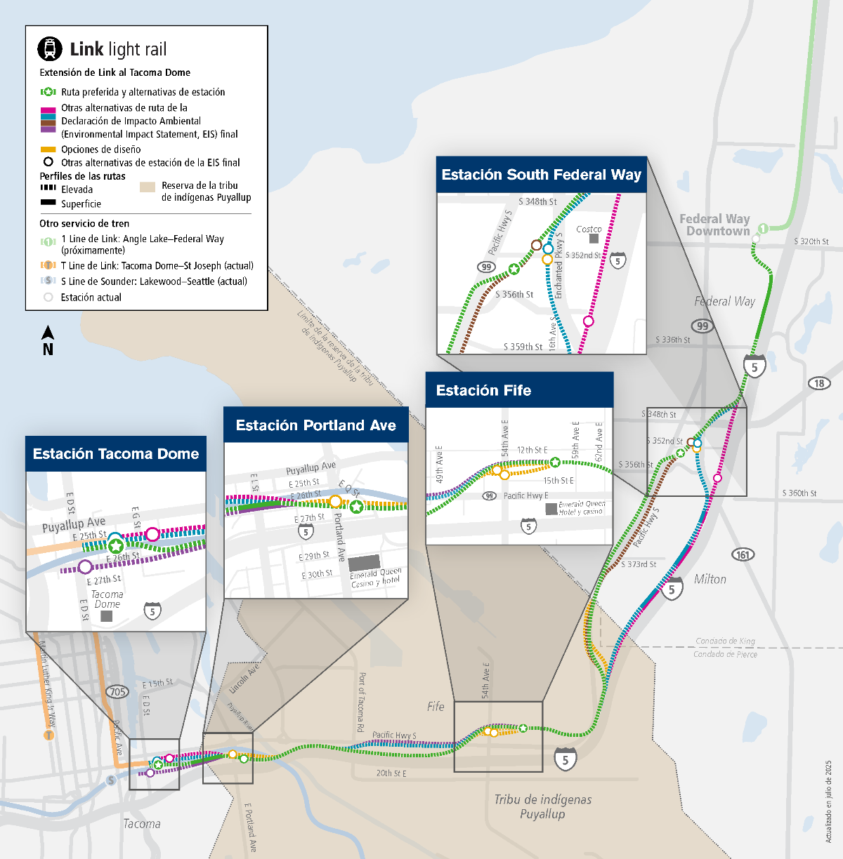 Mapa que muestra el proyecto de la Extensión de Link al Tacoma Dome. La ruta del proyecto va desde la futura estación Federal Way Downtown hasta el centro de Tacoma, cerca del Tacoma Dome y T-Line. El mapa describe varias alternativas de ruta en los tres segmentos principales del proyecto: South Federal Way, Fife y Tacoma. El mapa utiliza cuatro cuadros ampliados para mostrar las posibles ubicaciones de las estaciones en las áreas de estación en: South Federal Way, Fife, Portland Avenue y Tacoma Dome.