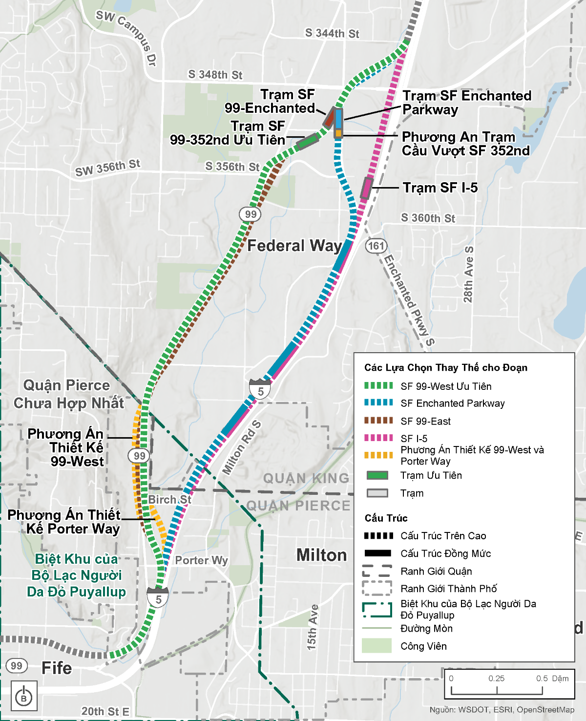 Bản đồ phác thảo tuyến đường đoạn South Federal Way và các lựa chọn thay thế trạm từ khoảng South 344th Street đến South 320th Street, chủ yếu dọc theo State Route 99 hoặc Interstate 5. Bản đồ cho thấy lựa chọn thay thế SF 99-Phía Tây Ưu Tiên và Trạm SF 99-352nd Ưu Tiên. Có ba lựa chọn thay thế tuyến đường khác, hai phương án thiết kế, ba vị trí trạm khả thi khác và một phương án trạm.